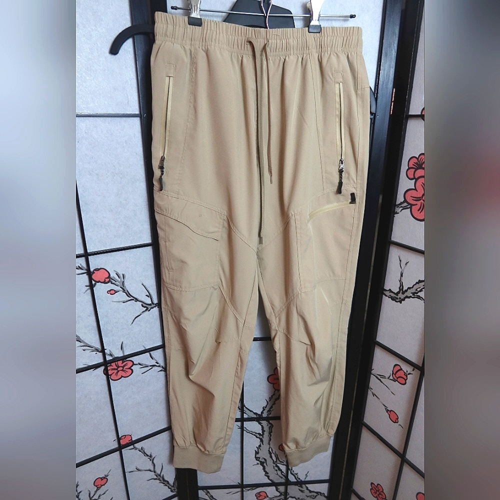 Tan Track Pants with Elastic Cuffs and Drawstring Waist